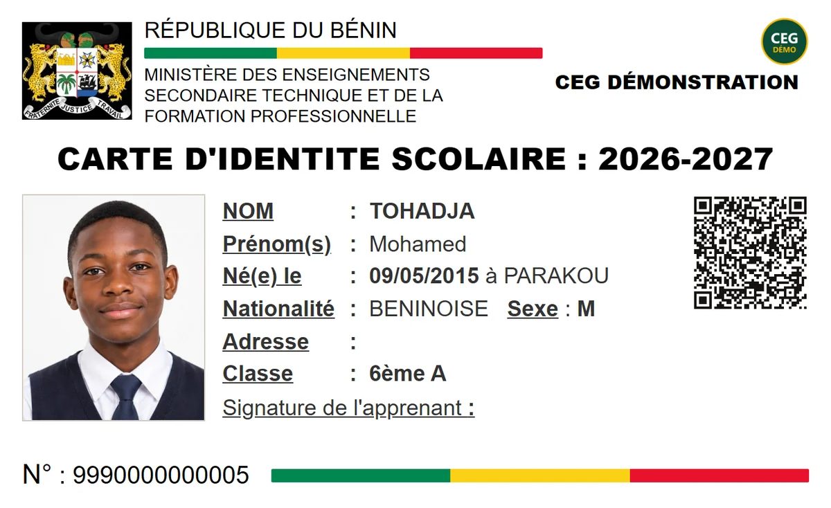 Recto d’une seconde carte d’identité scolaire fictive