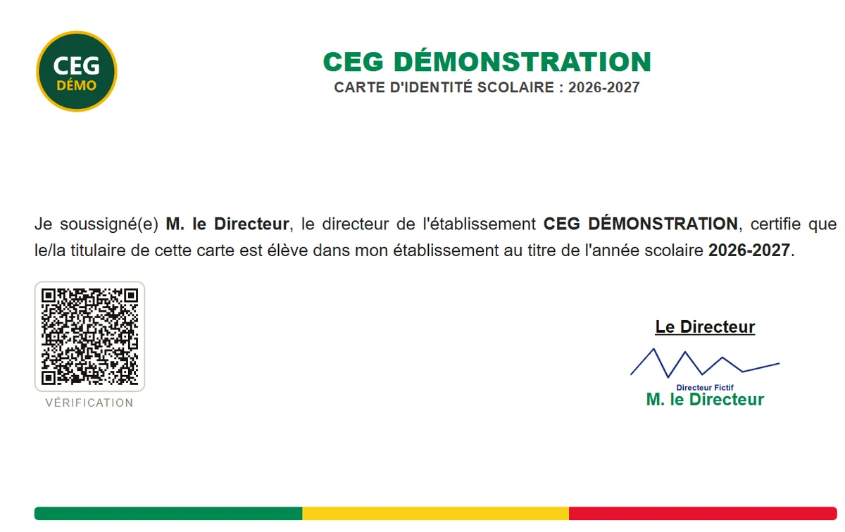 Verso de la carte : certification du directeur, cachet-signature et QR code de l’établissement