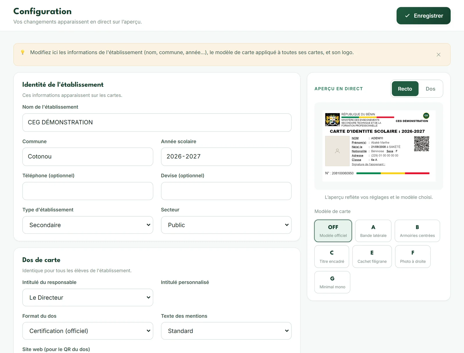 Écran Configuration : identité de l’établissement, aperçu en direct de la carte et choix du modèle