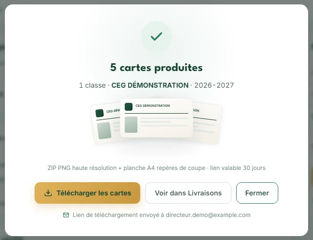 Fenêtre de fin de génération : 5 cartes produites, bouton Télécharger les cartes