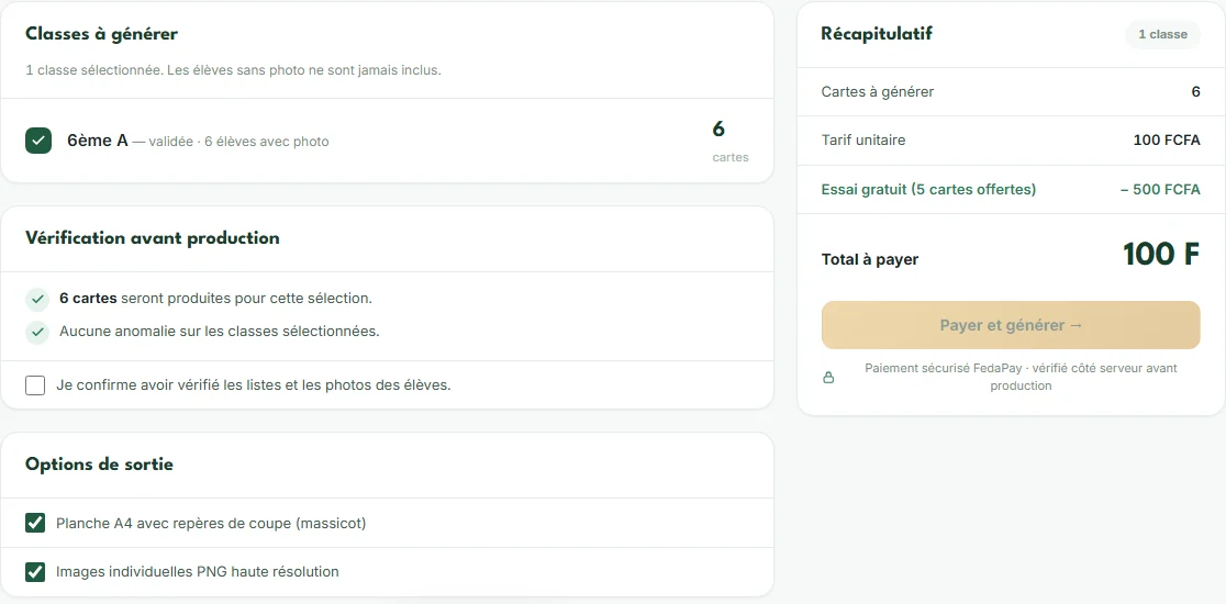 Écran Génération : 6 cartes, tarif unitaire 100 FCFA, essai gratuit de 5 cartes, total à payer 100 F