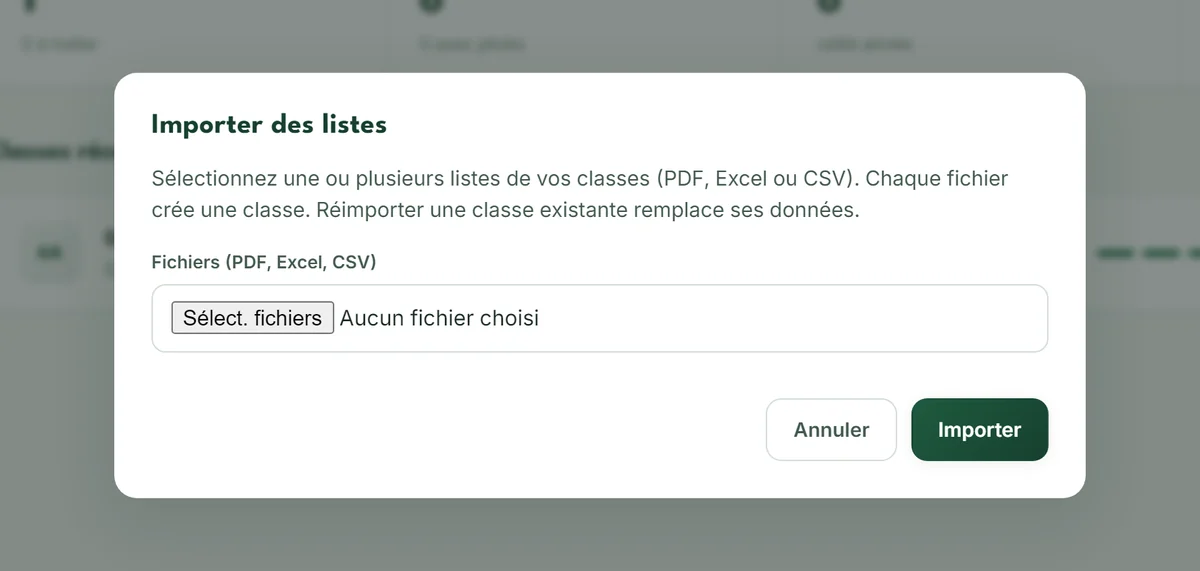 Fenêtre « Importer des listes » acceptant des fichiers PDF, Excel ou CSV