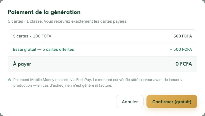 Fenêtre de paiement de l’application : 5 cartes à 100 FCFA, essai gratuit de 5 cartes, 0 FCFA à payer