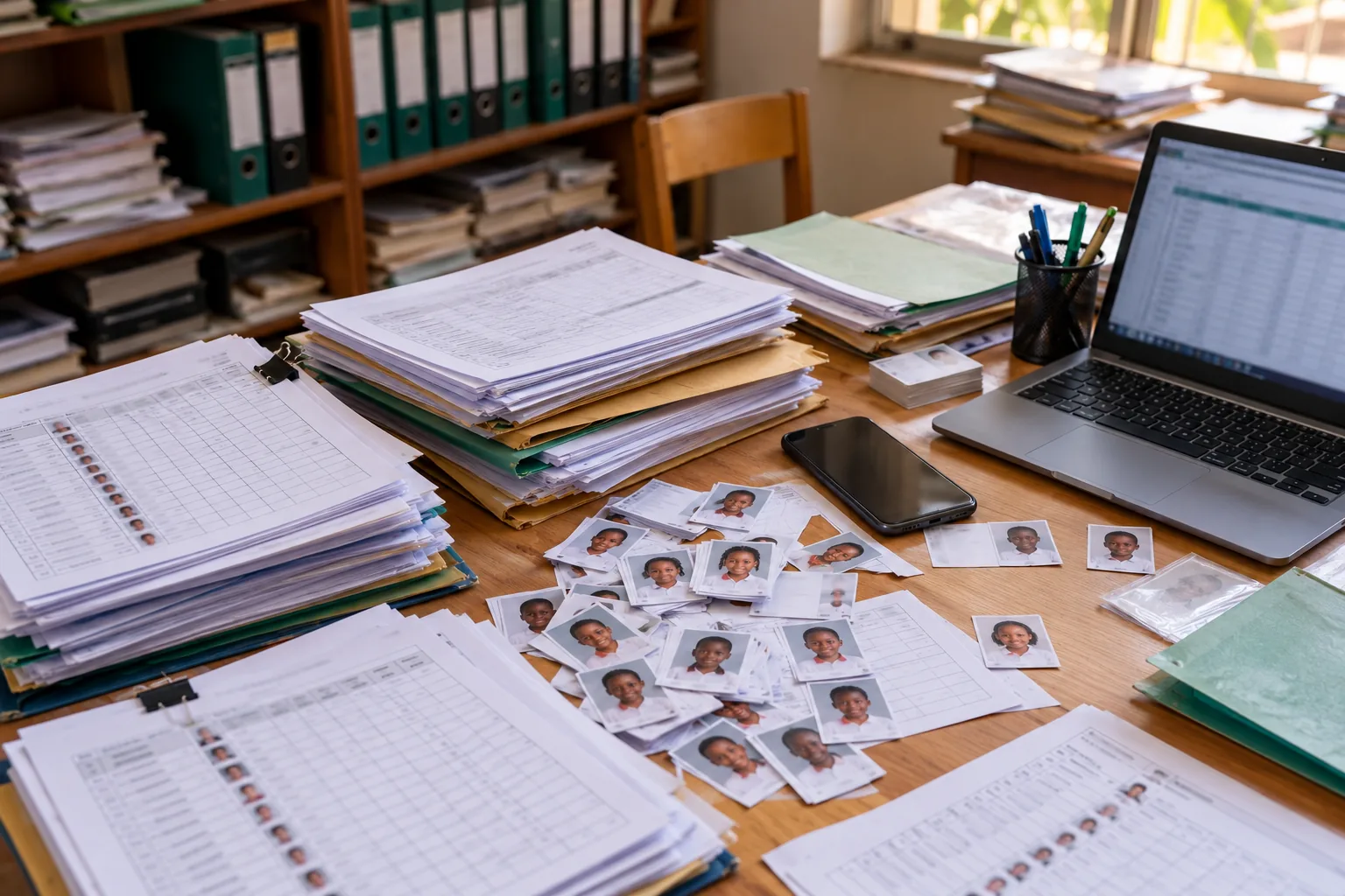 Bureau d’école encombré de formulaires papier et de photos d’identité d’élèves